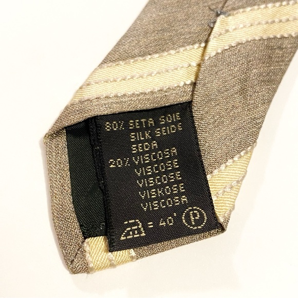 ERMENEGILDO ZEGNA CREAM TAN BROWN  DIAGONAL STRIPE LINES PRINT SILK NECK TIE - Picture 6 of 7